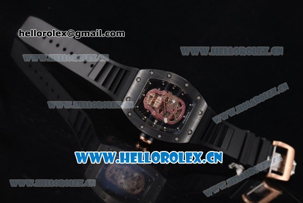 Richard Mille RM052 Miyota 9015 Automatic PVD/Rose Gold Case with Pink Skull Dial and PVD Bezel Black Rubber Strap - Click Image to Close
